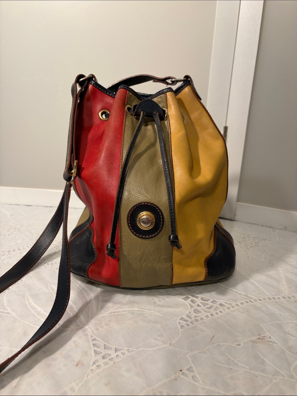 Multi-Color Leather Bucket Bag - Red, Olive, Yellow